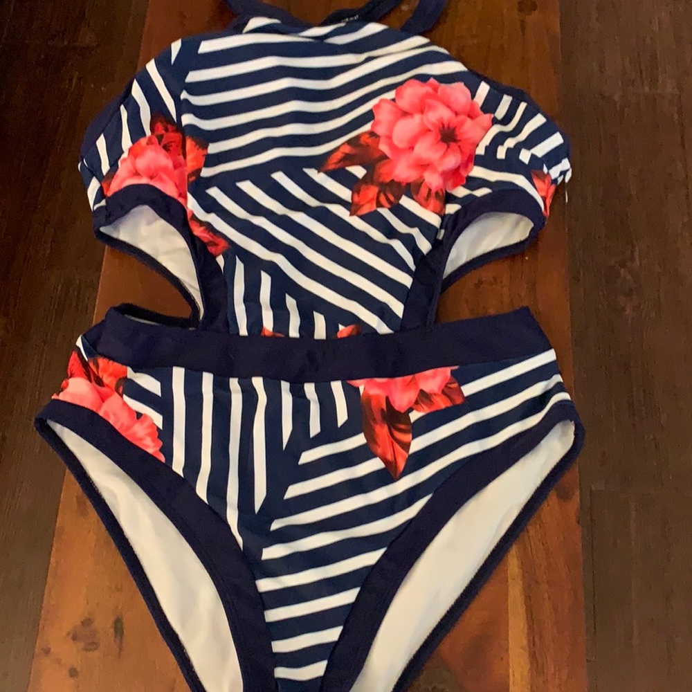 Navy Stripe Floral One-Piece Swimsuit